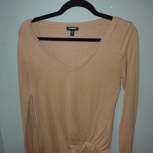 Express Women's Beige Long Sleeve V-Neck Top
